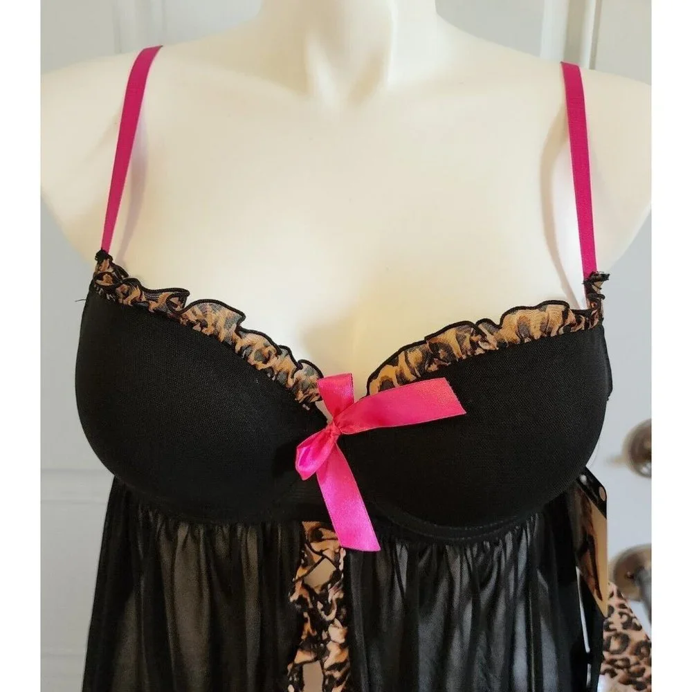 NEW Spree‎ Intimates Women's Lingerie Babydoll Open Top Woth Matching Thong Sz L